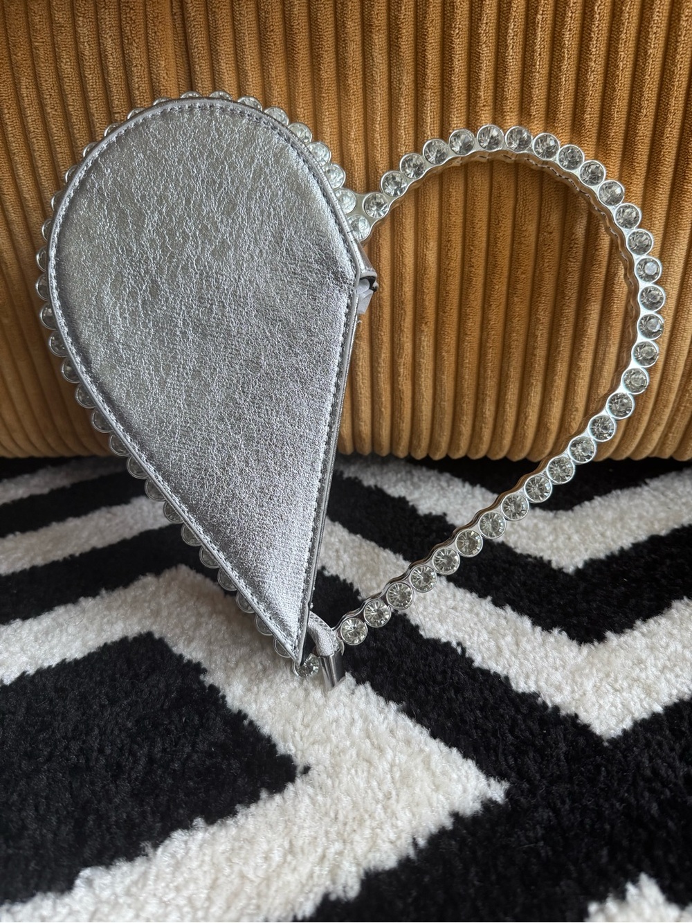 Silver Heart-Shaped Crystal Handle Crossbody Bag
